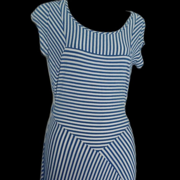 Bebe Dress Bang Bang Boheme Mixed Mini Stripe Maxi Blue & White Open Back Medium - Picture 7 of 16